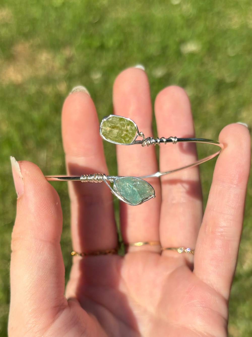 Peridot and apatite bangle bracelet